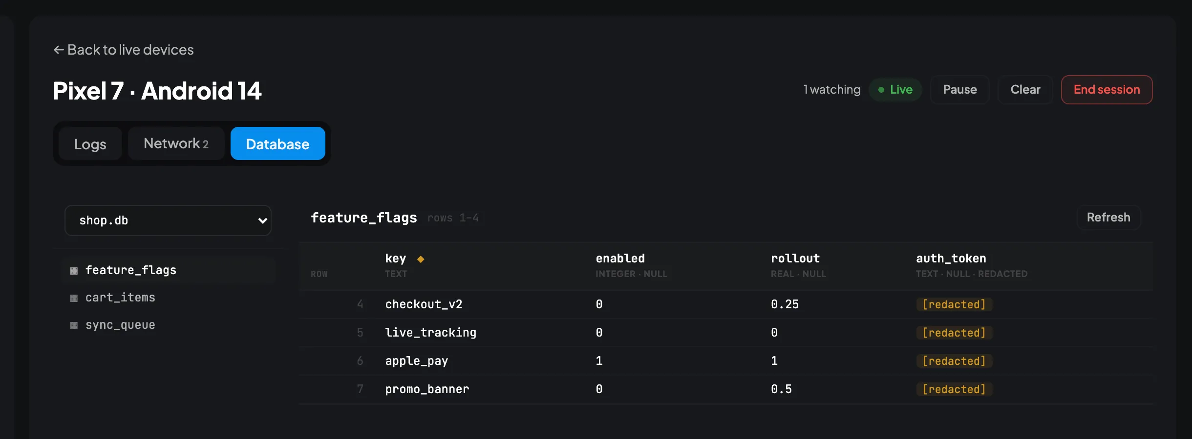 The CodeScout database browser showing a feature_flags table from a paired device, with a redacted column
