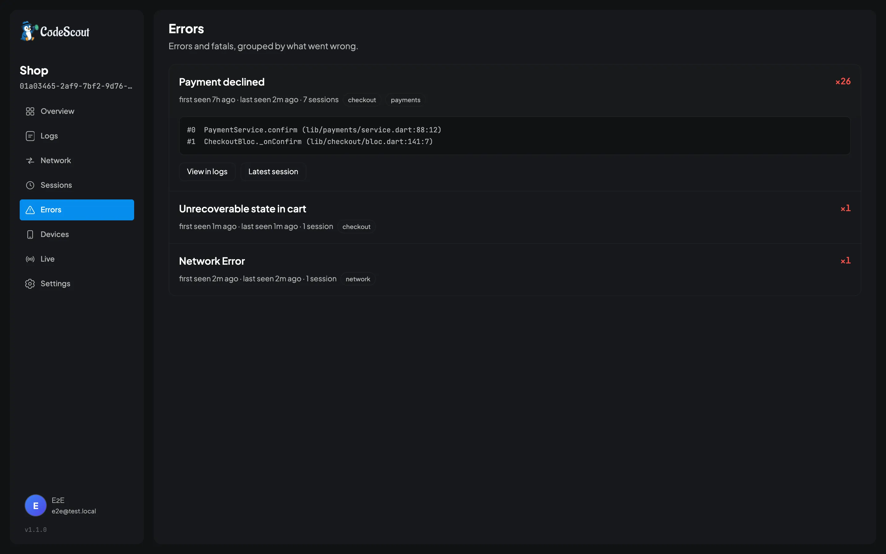 The CodeScout errors screen: Payment declined grouped 26 times across 7 sessions, expanded to its latest stack trace