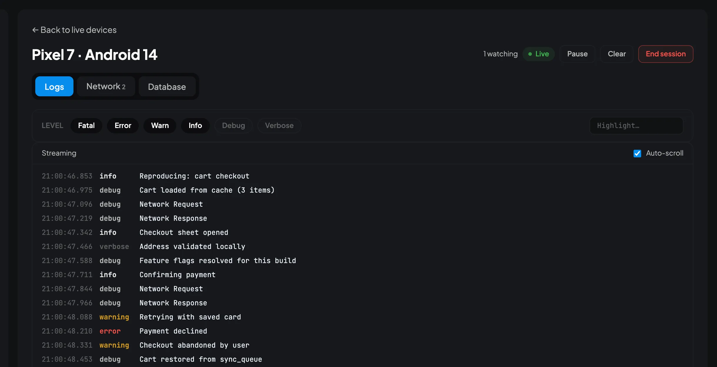 A live CodeScout session: logs arriving from a paired Pixel 7, with Logs, Network and Database tabs above them