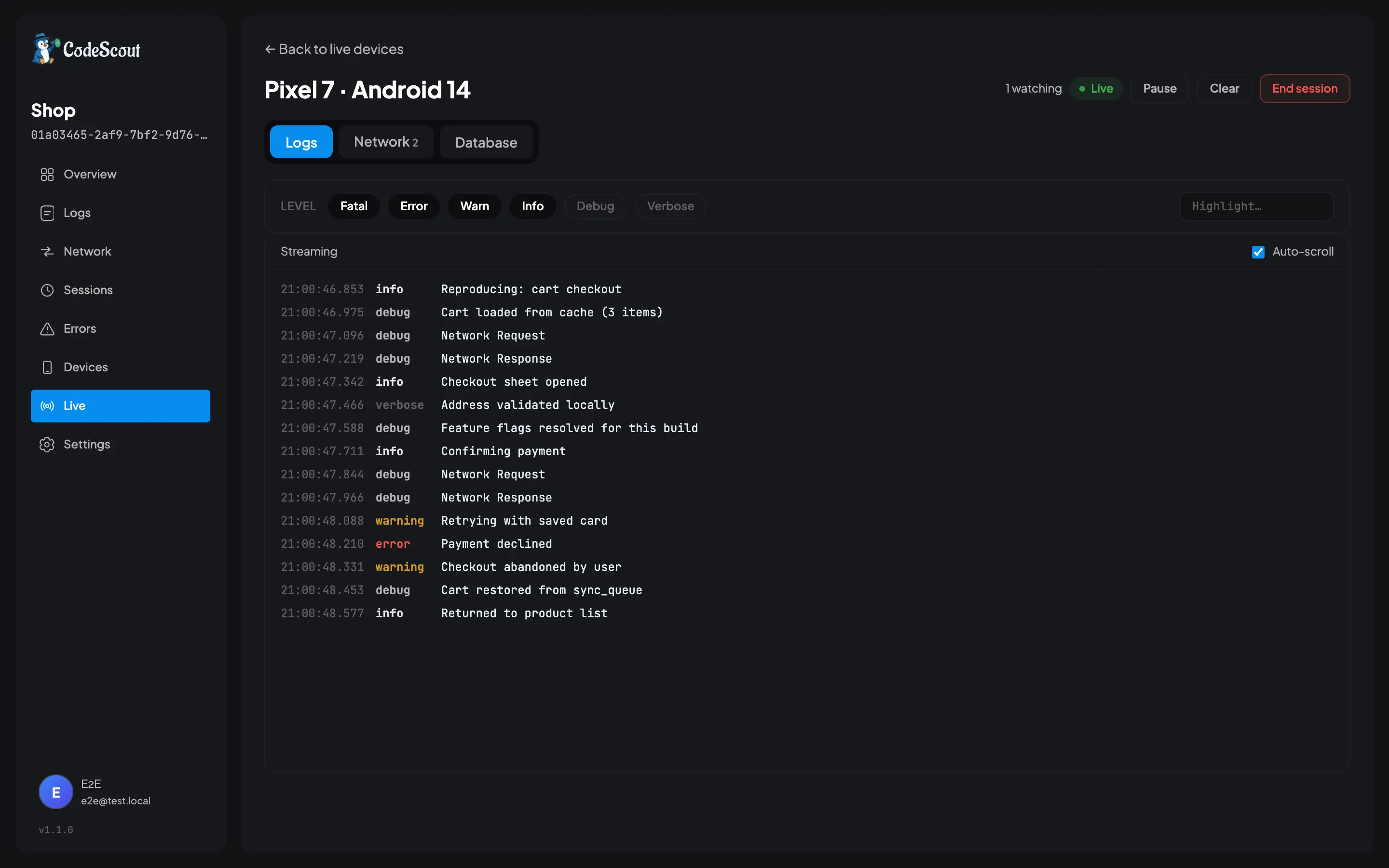 A live CodeScout session: logs arriving from a paired Pixel 7, with Logs, Network and Database tabs above them
