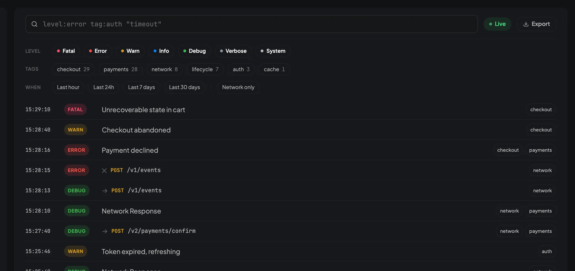 The CodeScout log viewer: level toggles, tag chips with counts, and a list of log rows from a Flutter app