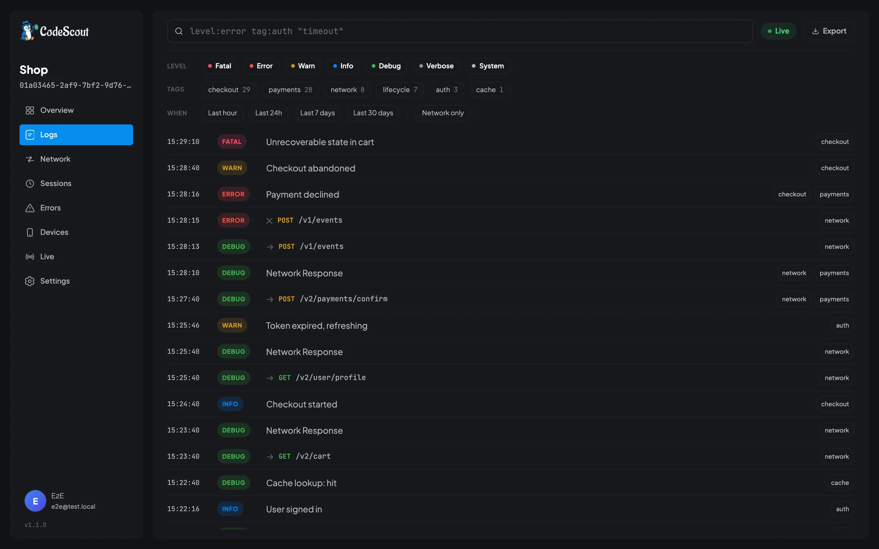 The CodeScout log viewer with level toggles, tag chips and a list of log rows
