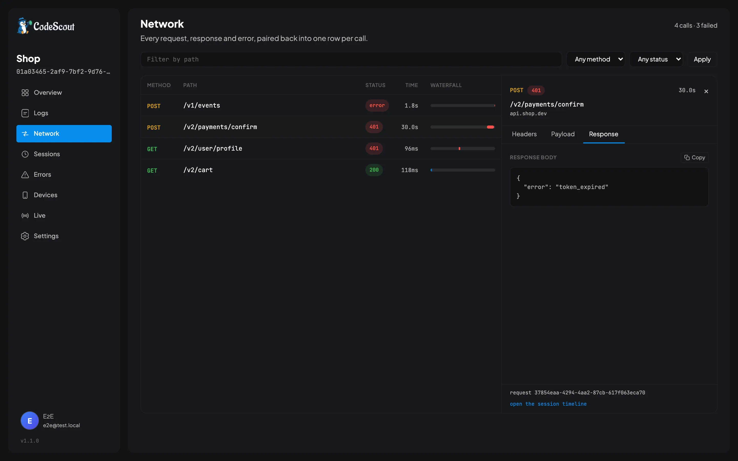 The CodeScout network screen: a waterfall of HTTP calls beside a split-pane inspector