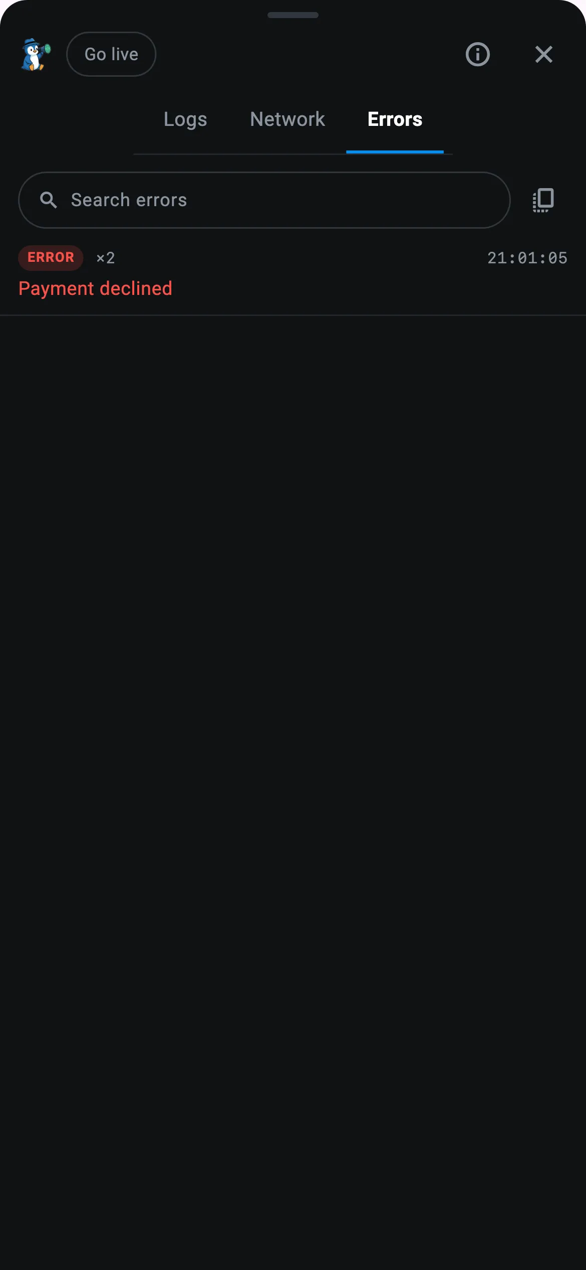 The Errors tab of the in-app CodeScout panel, showing Payment declined recorded twice