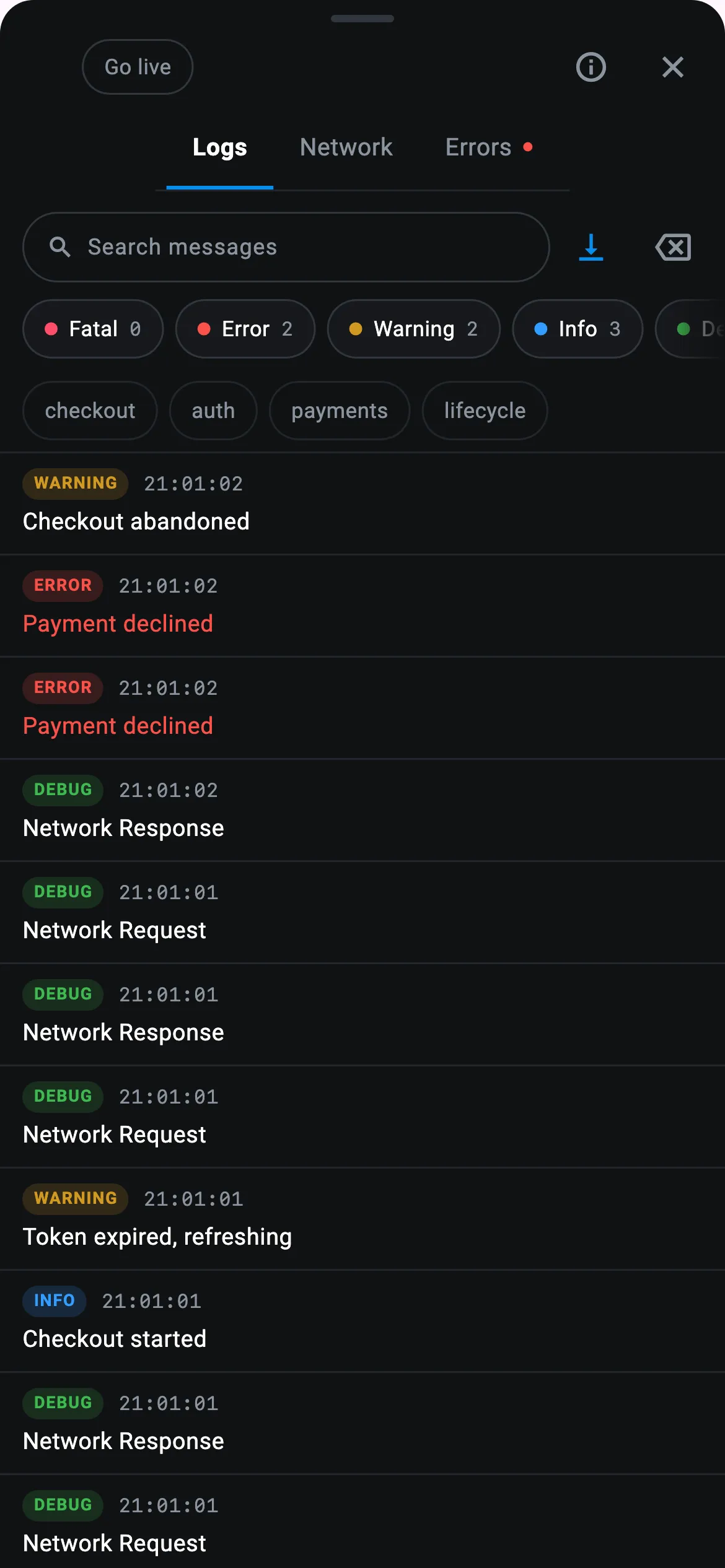 The CodeScout panel inside a Flutter app, showing the Logs tab with level filters, tag chips and log rows