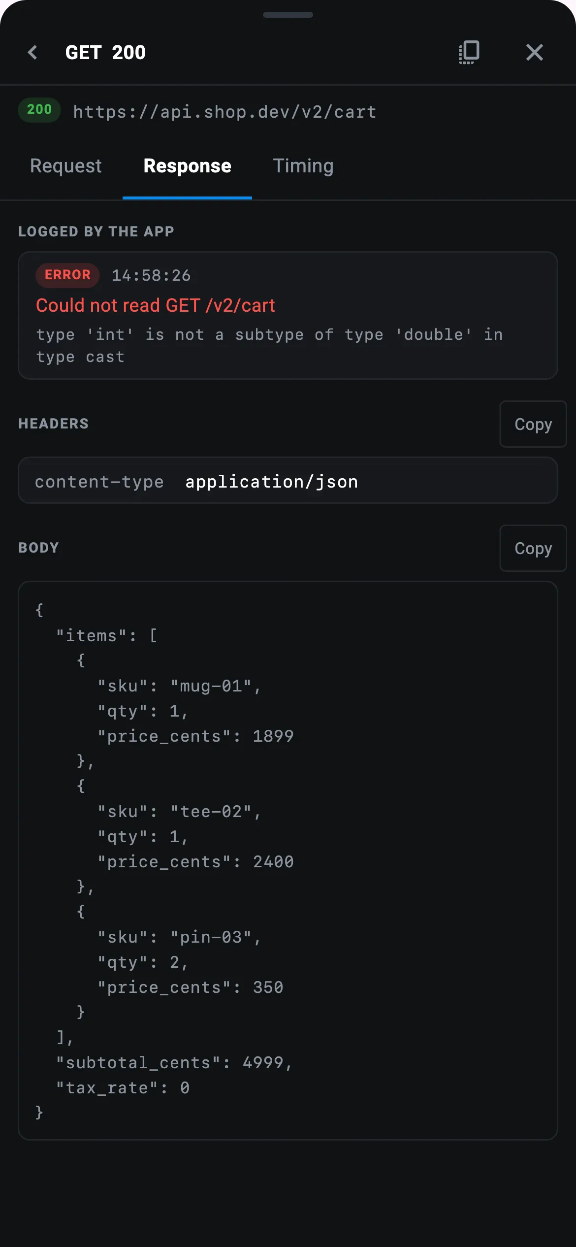 GET /v2/cart opened on its Response pane in the in-app panel, with the app's error listed above the headers and the body