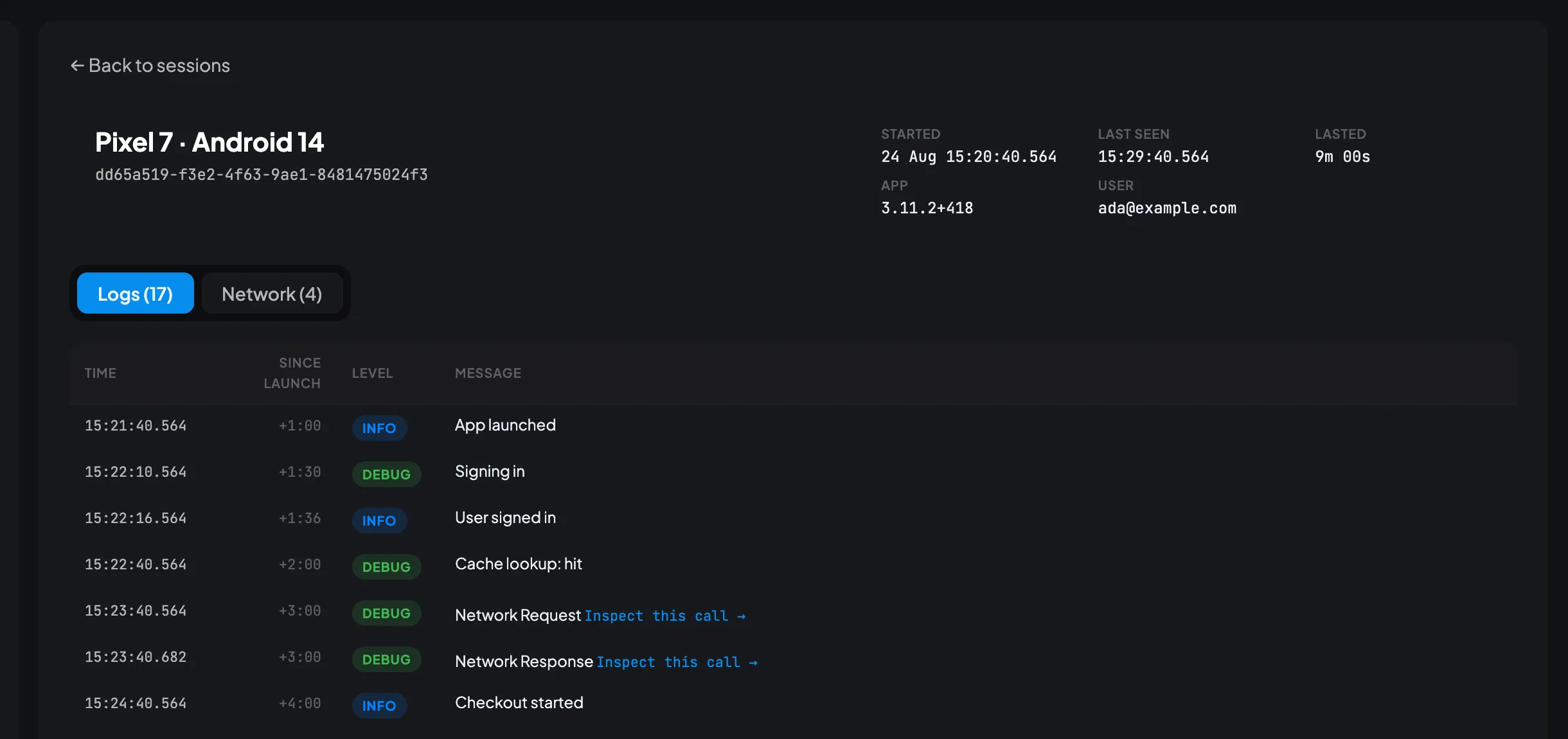 A CodeScout session timeline: every log from one app launch with the time since launch beside it