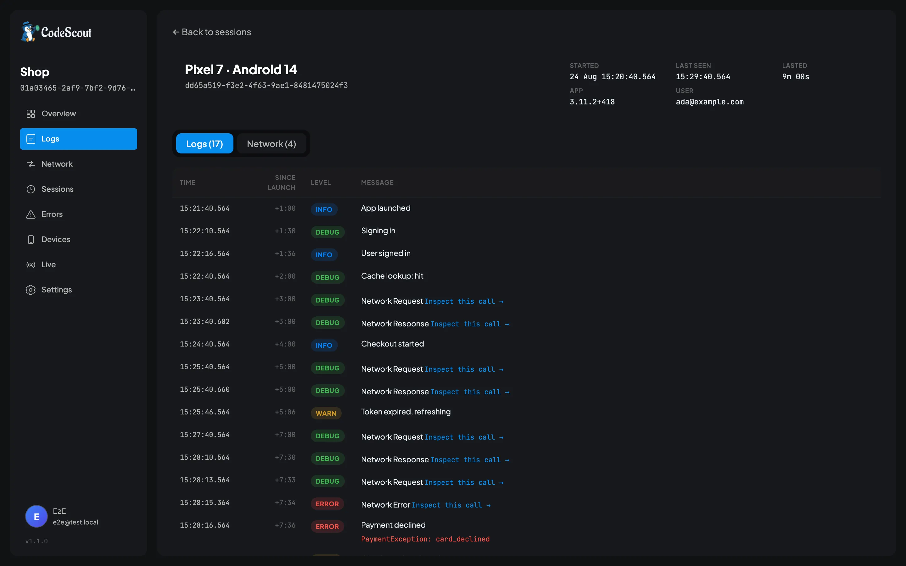 A CodeScout session timeline: every log from one app launch with the time since launch beside it